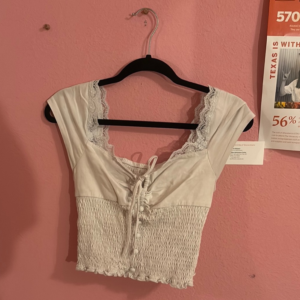 SHEIN Cream Smocked Tie Front Blouse